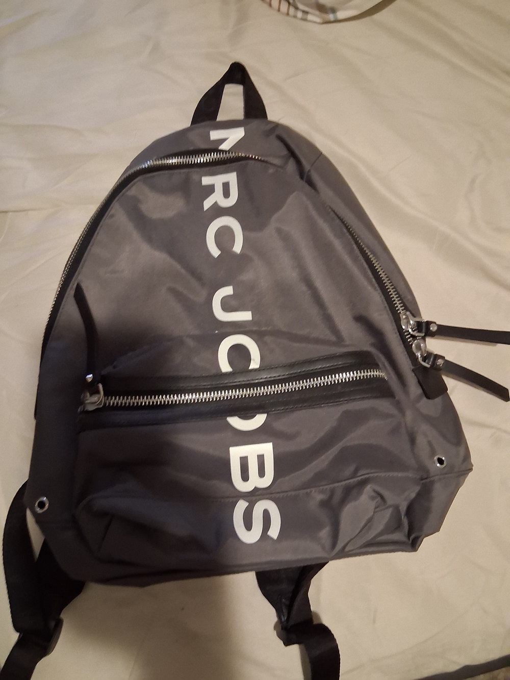 Marc Jacobs Gray Nylon Logo Backpack with White Lettering